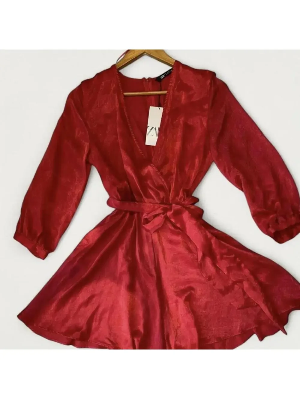 Zara Fuchsia Red Wrap Romper Long Sleeves Shimmering Belted Party (NWT) - Picture 3 of 8